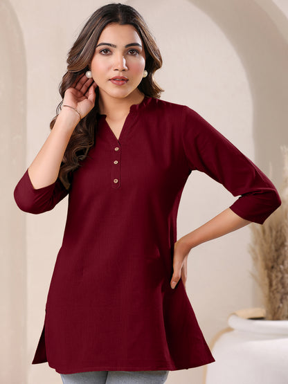 Maroon Cotton Blend Solid A-line Top