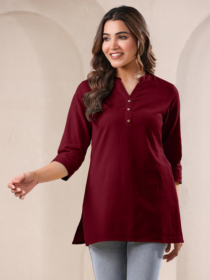 Maroon Cotton Blend Solid A-line Top