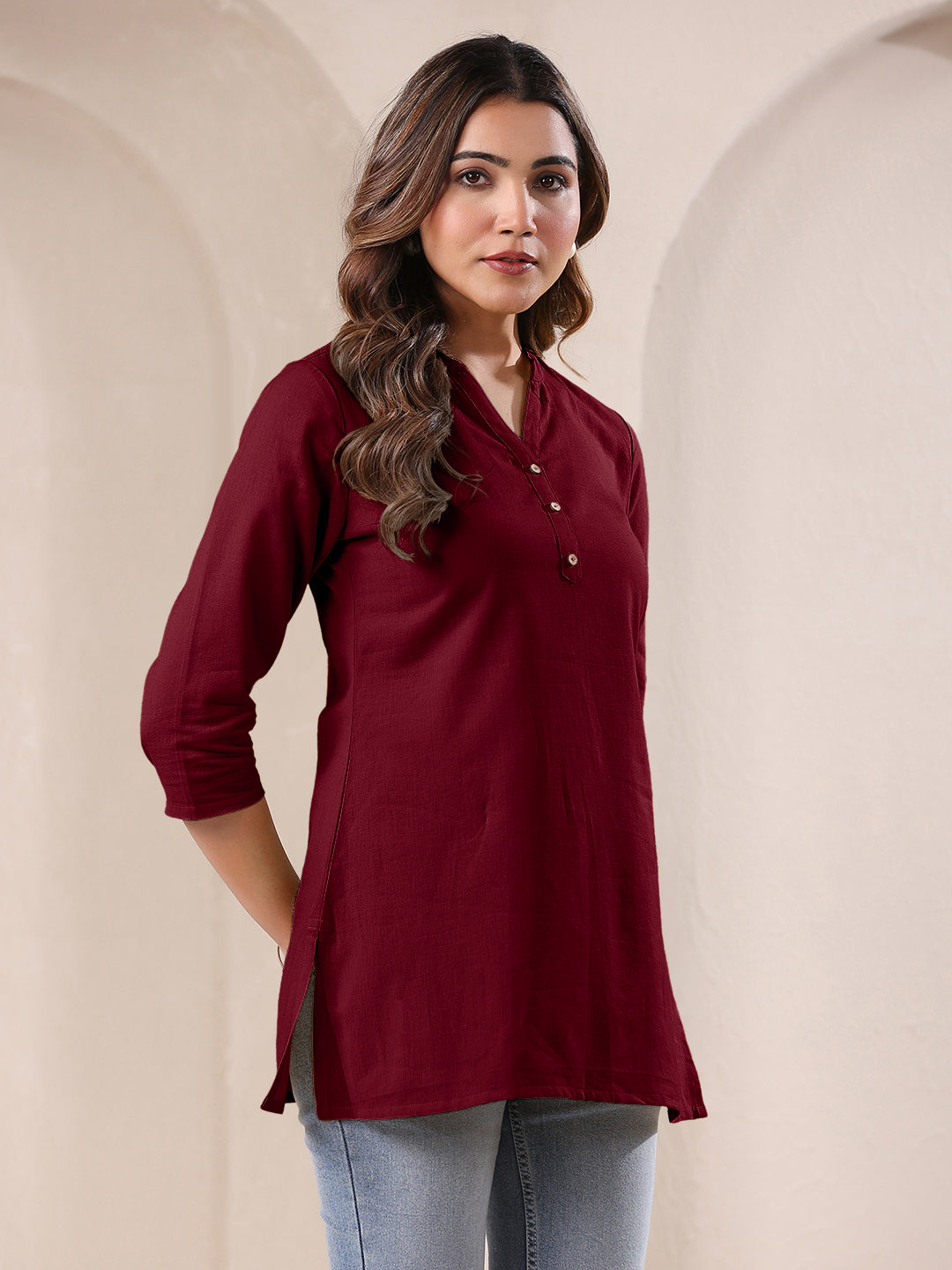 Maroon Cotton Blend Solid A-line Top