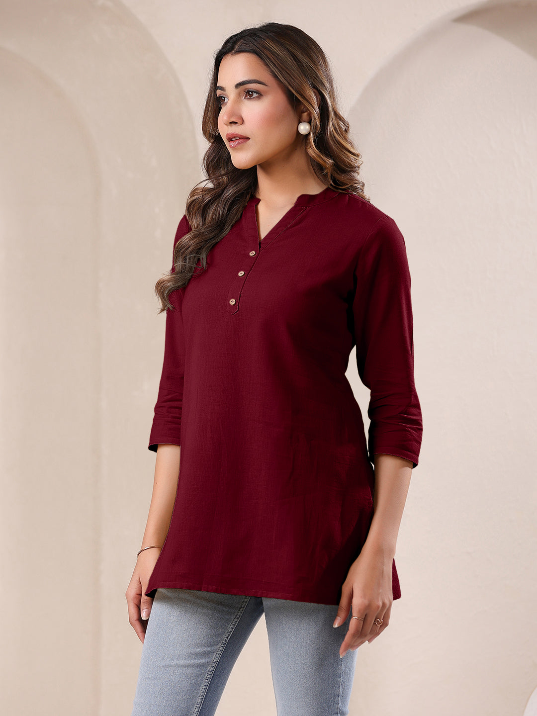 Maroon Cotton Blend Solid A-line Top