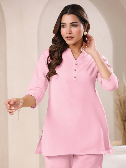 Pink Cotton Blend Solid A-line Top