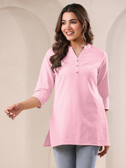 Pink Cotton Blend Solid A-line Top