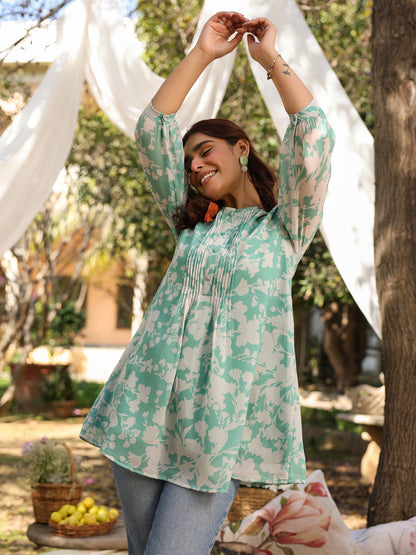 Green Georgette Floral Printed A-Line Tunic