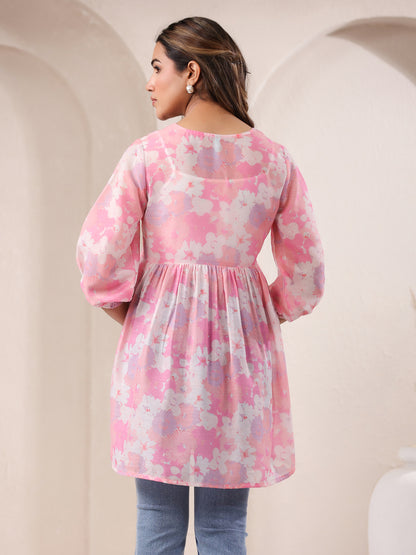 Pink Cotton Blend Floral Printed A-line Tunic