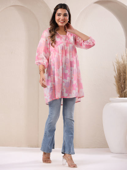 Pink Cotton Blend Floral Printed A-line Tunic