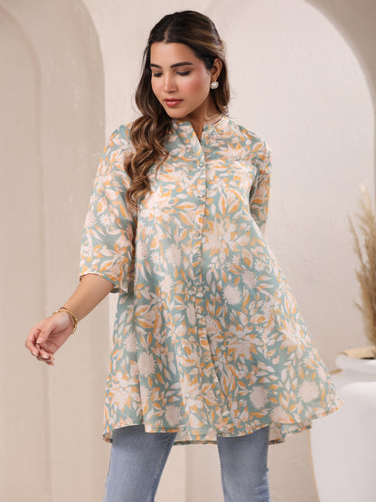 Sage Green Cotton Blend Floral Printed A-line Tunic