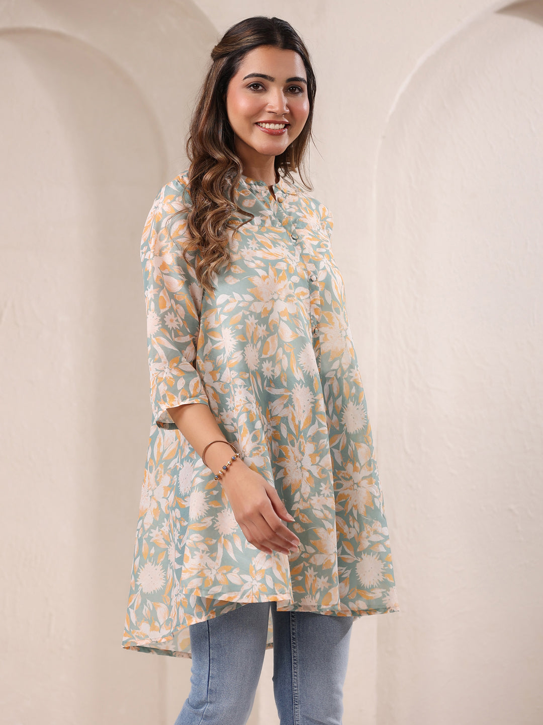 Sage Green Cotton Blend Floral Printed A-line Tunic