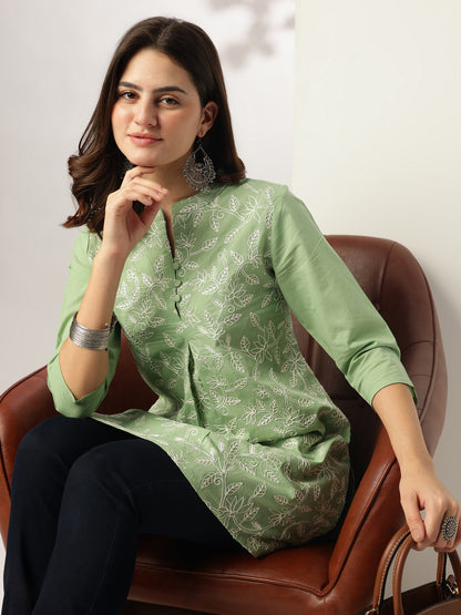 Light Green Pure Cotton Embroidered A-line Tunic