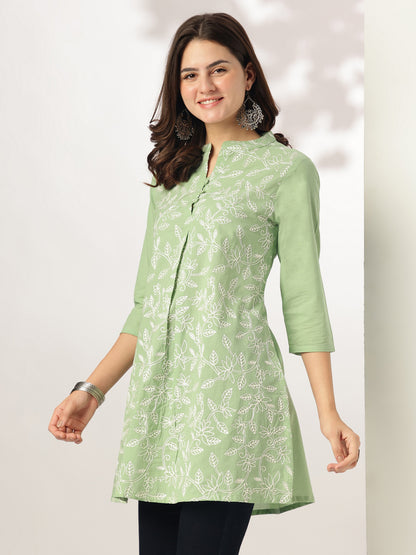 Light Green Pure Cotton Embroidered A-line Tunic