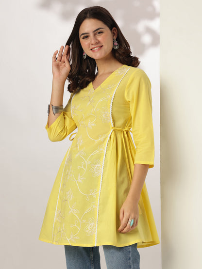 Yellow Pure Cotton Embroidered A-line Tunic