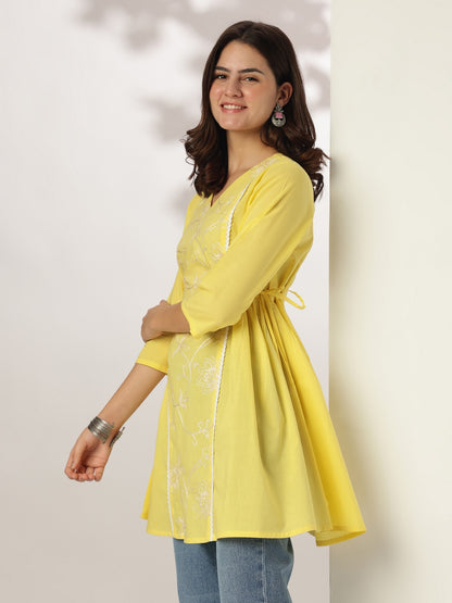 Yellow Pure Cotton Embroidered A-line Tunic
