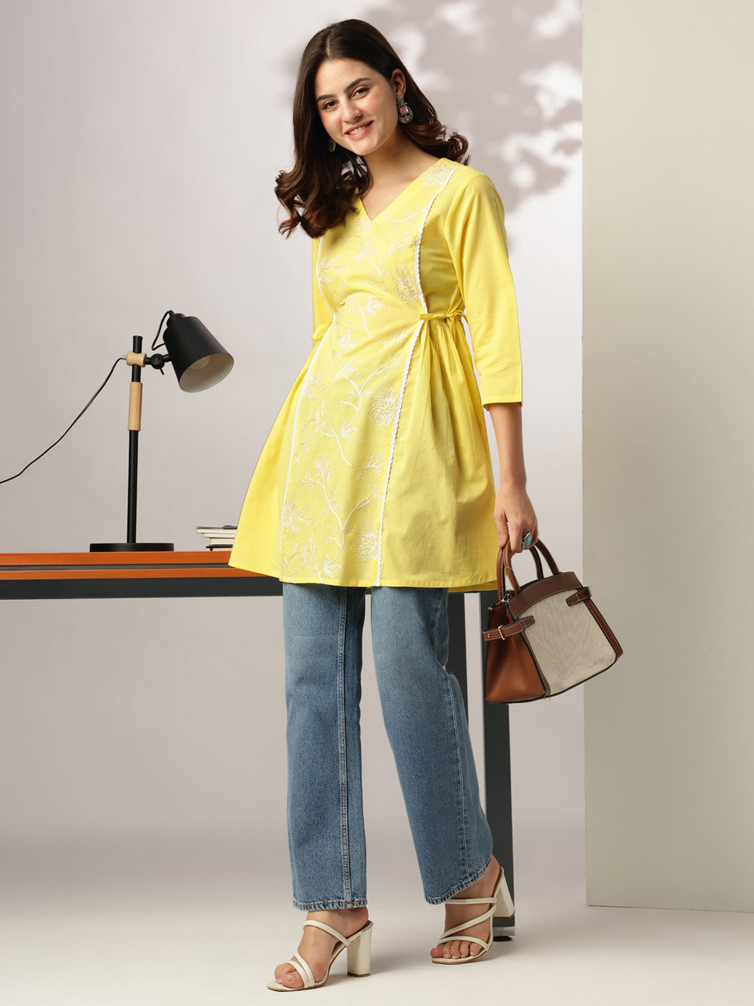 Yellow Pure Cotton Embroidered A-line Tunic