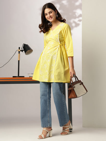 Yellow Pure Cotton Embroidered A-line Tunic