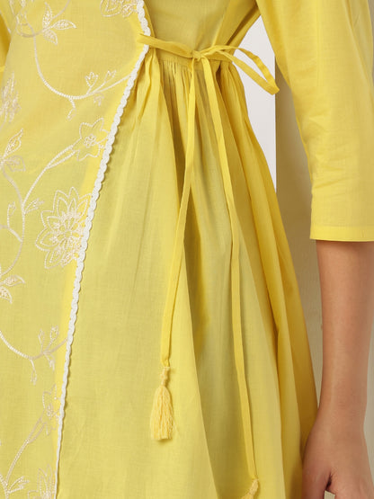 Yellow Pure Cotton Embroidered A-line Tunic