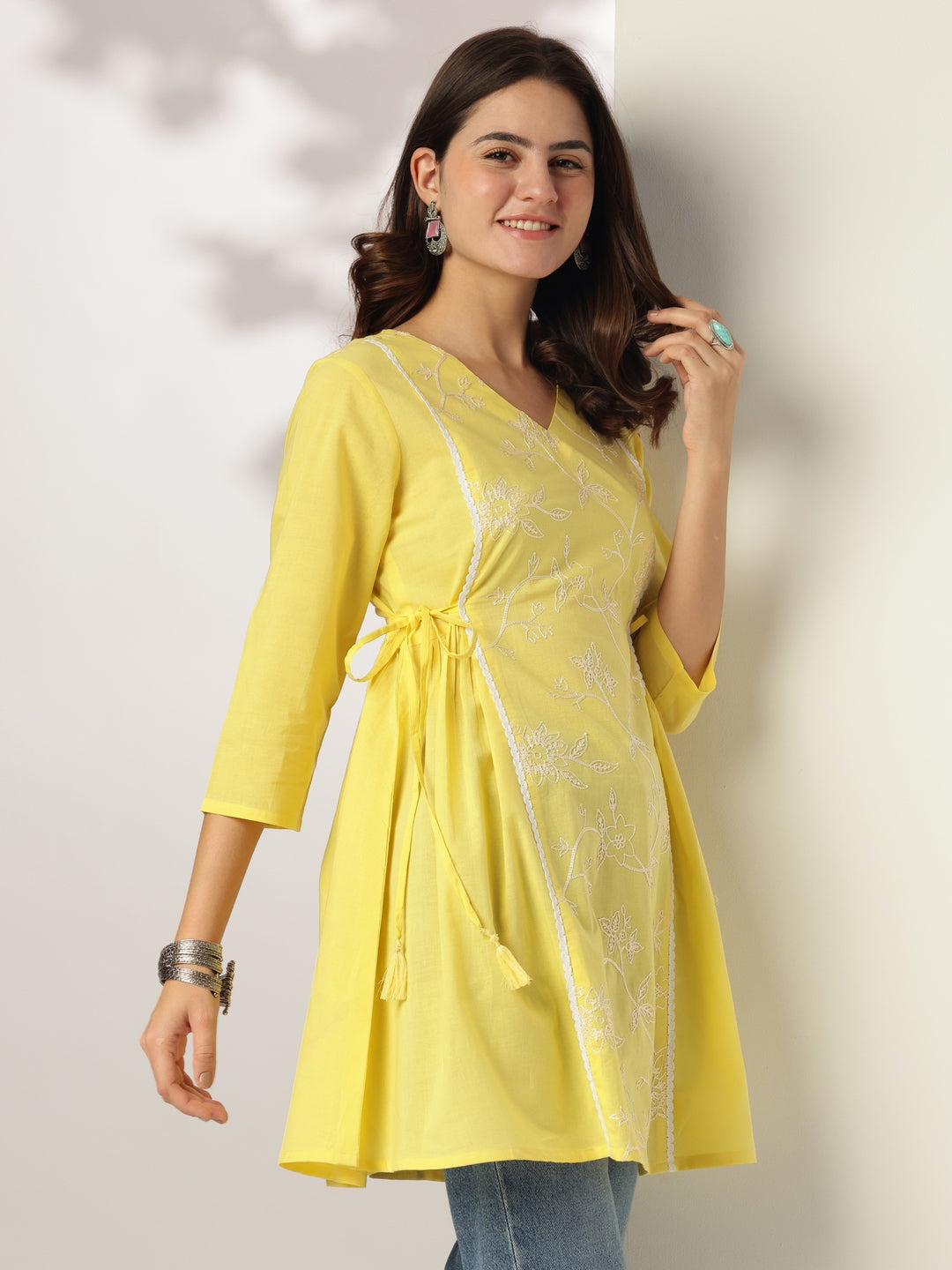 Yellow Pure Cotton Embroidered A-line Tunic