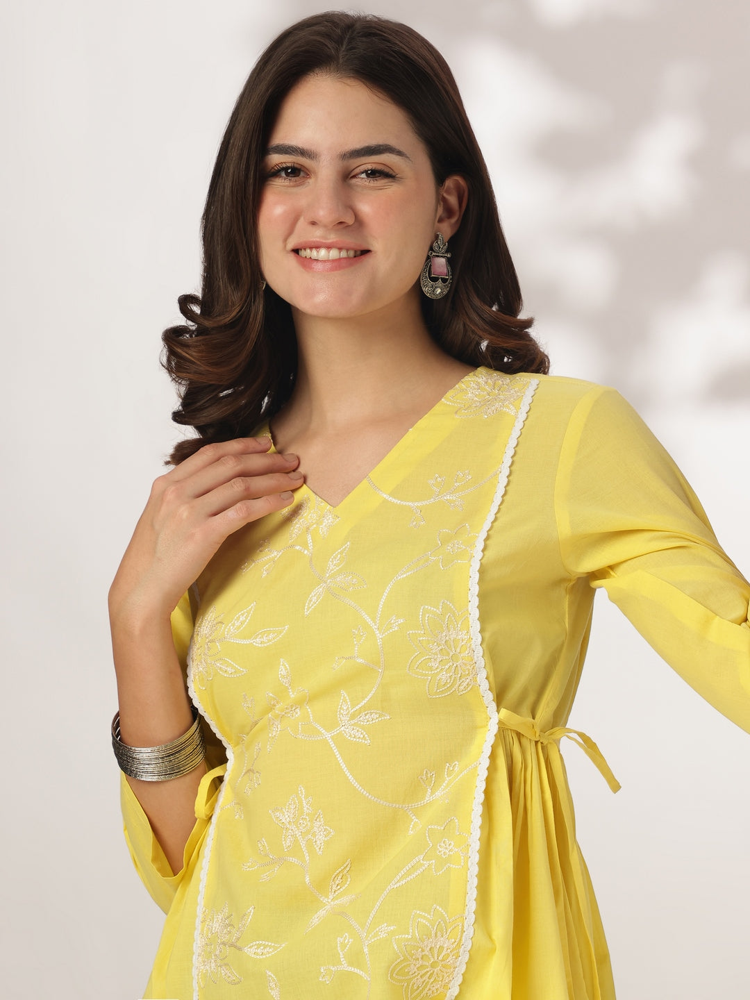 Yellow Pure Cotton Embroidered A-line Tunic