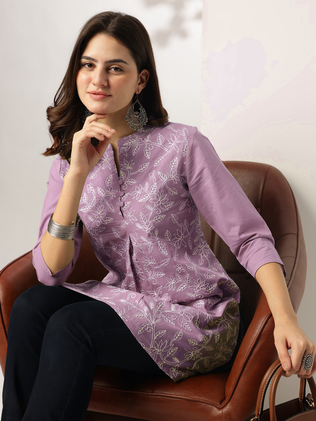Janasya Women's Lavender Pure Cotton Chikankari Embroidered Straight Tunic