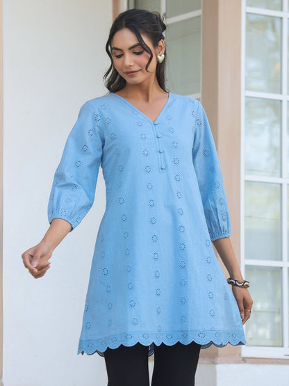 Janasya Women's Light Blue Pure Cotton Schiffli Embroidered A-line Tunic