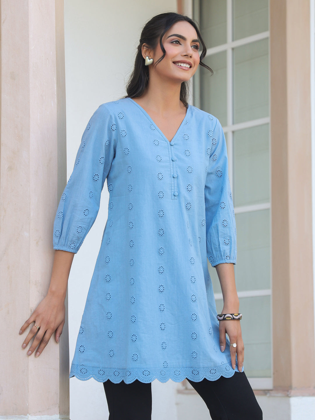 Janasya Women's Light Blue Pure Cotton Schiffli Embroidered A-line Tunic