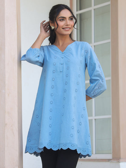 Janasya Women's Light Blue Pure Cotton Schiffli Embroidered A-line Tunic
