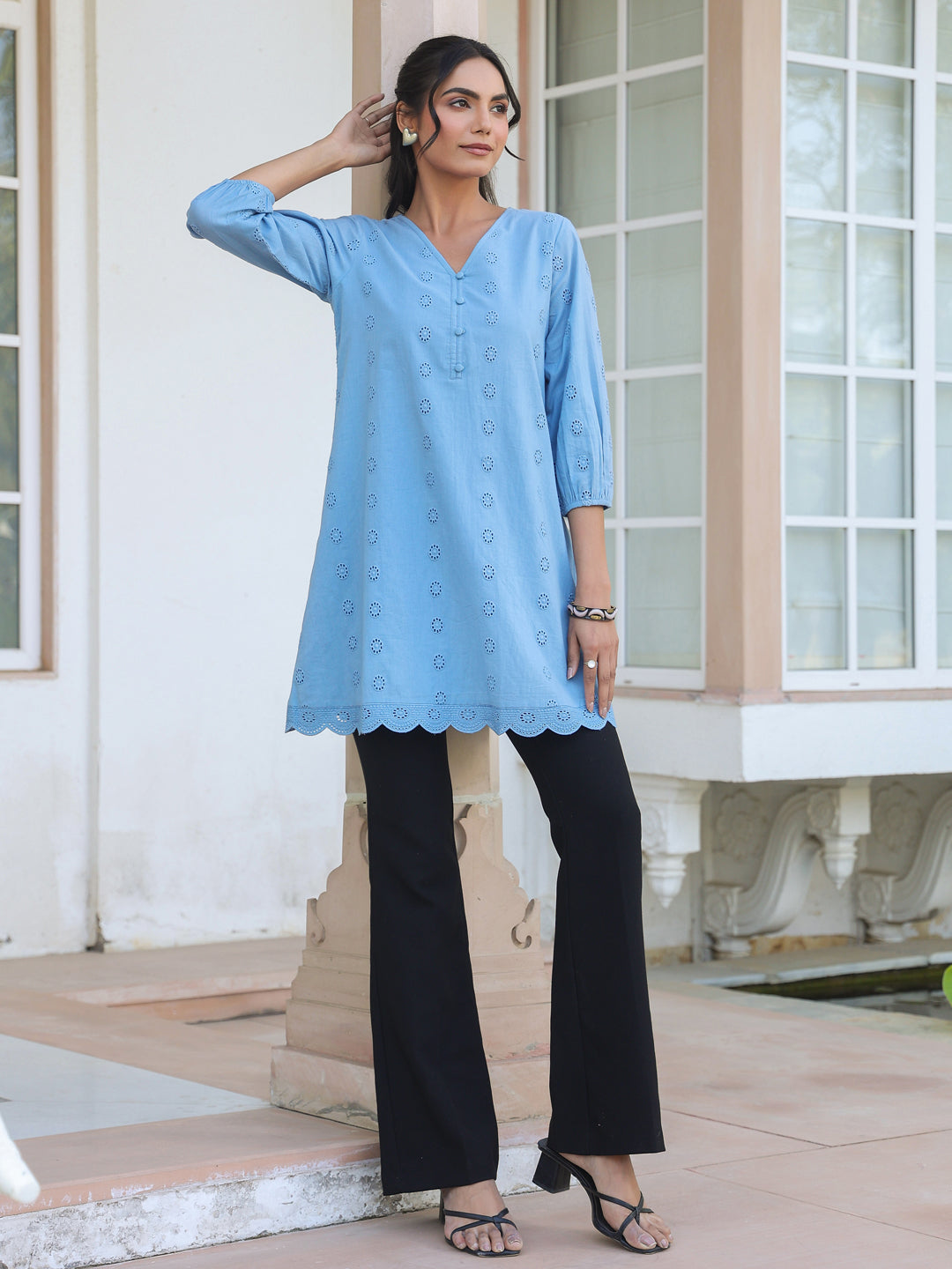 Janasya Women's Light Blue Pure Cotton Schiffli Embroidered A-line Tunic