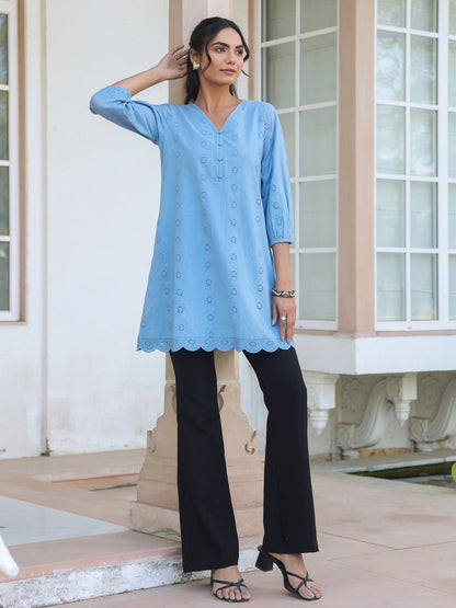 Janasya Women's Light Blue Pure Cotton Schiffli Embroidered A-line Tunic