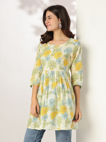 Off White Pure Cotton Floral Printed A-line Tunic