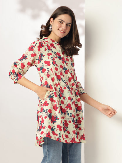 Cream Pure Cotton Floral Printed A-line Tunic