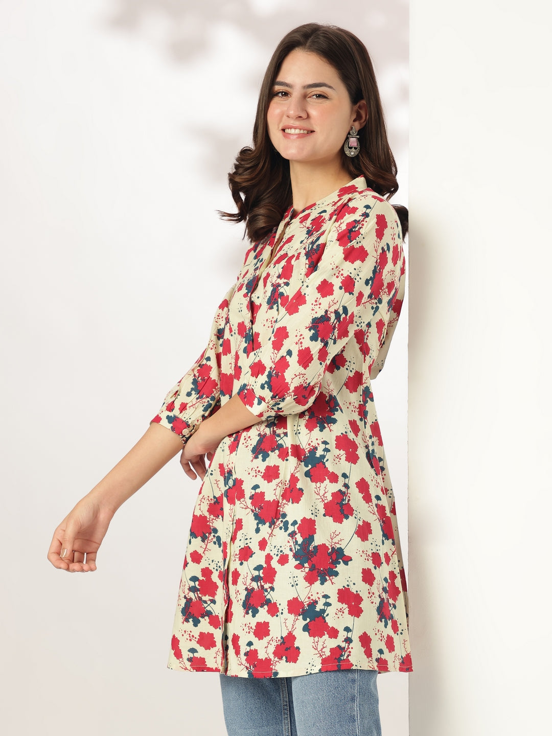 Cream Pure Cotton Floral Printed A-line Tunic