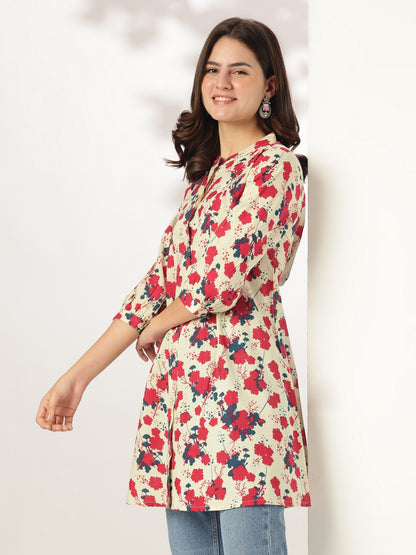 Cream Pure Cotton Floral Printed A-line Tunic