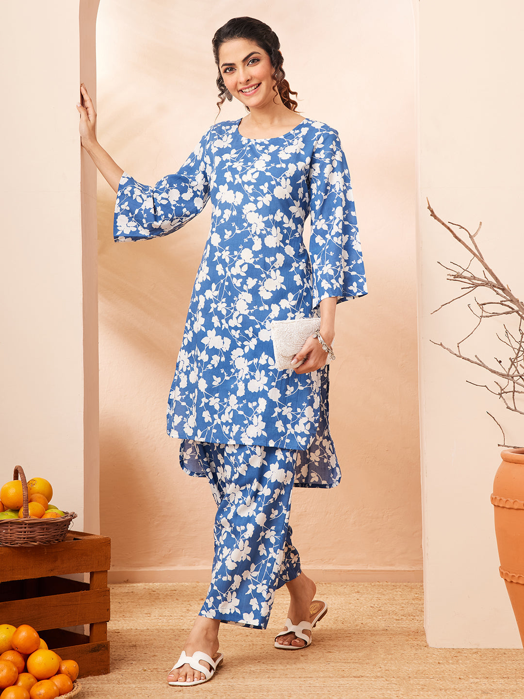 Janasya Women's Blue Pure Cotton Floral Printed Straight Co-ord Set