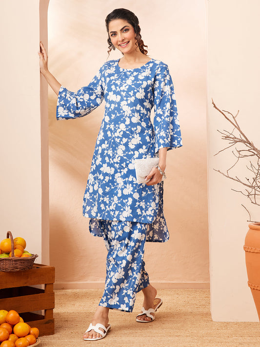Janasya Women's Blue Pure Cotton Floral Printed Straight Co-ord Set