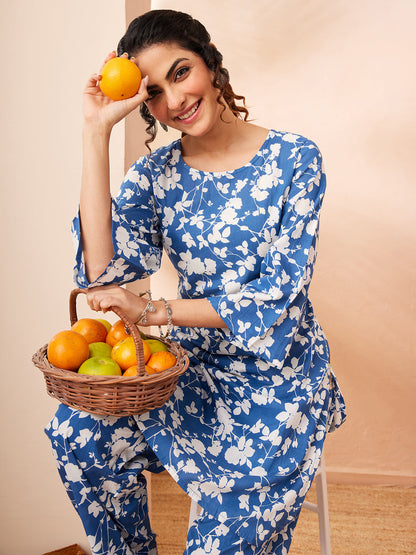 Janasya Women's Blue Pure Cotton Floral Printed Straight Co-ord Set