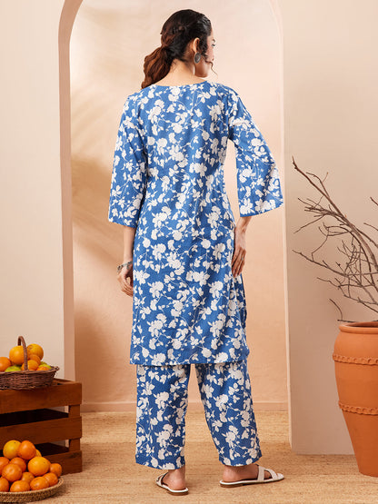 Janasya Women's Blue Pure Cotton Floral Printed Straight Co-ord Set