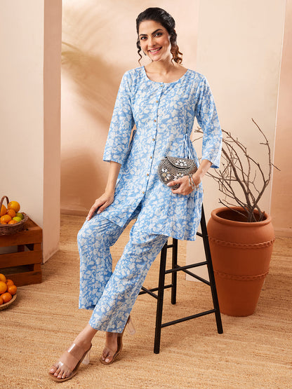 Janasya Women's Light Blue Pure Cotton Floral Printed A-line Co-ord Set