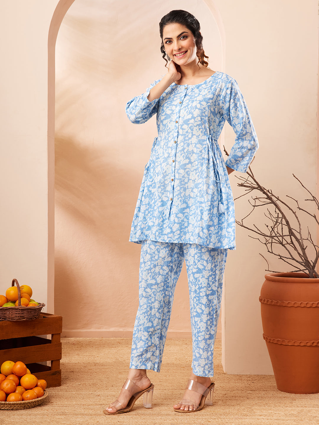Janasya Women's Light Blue Pure Cotton Floral Printed A-line Co-ord Set