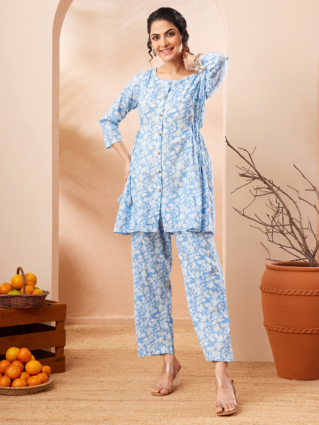 Janasya Women's Light Blue Pure Cotton Floral Printed A-line Co-ord Set