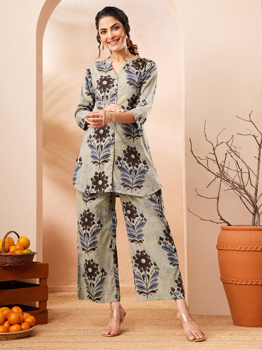 Janasya Women's Multicolor Pure Cotton Floral Printed A-line Co-ord Set