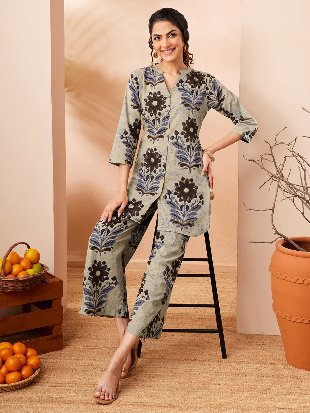 Janasya Women's Multicolor Pure Cotton Floral Printed A-line Co-ord Set