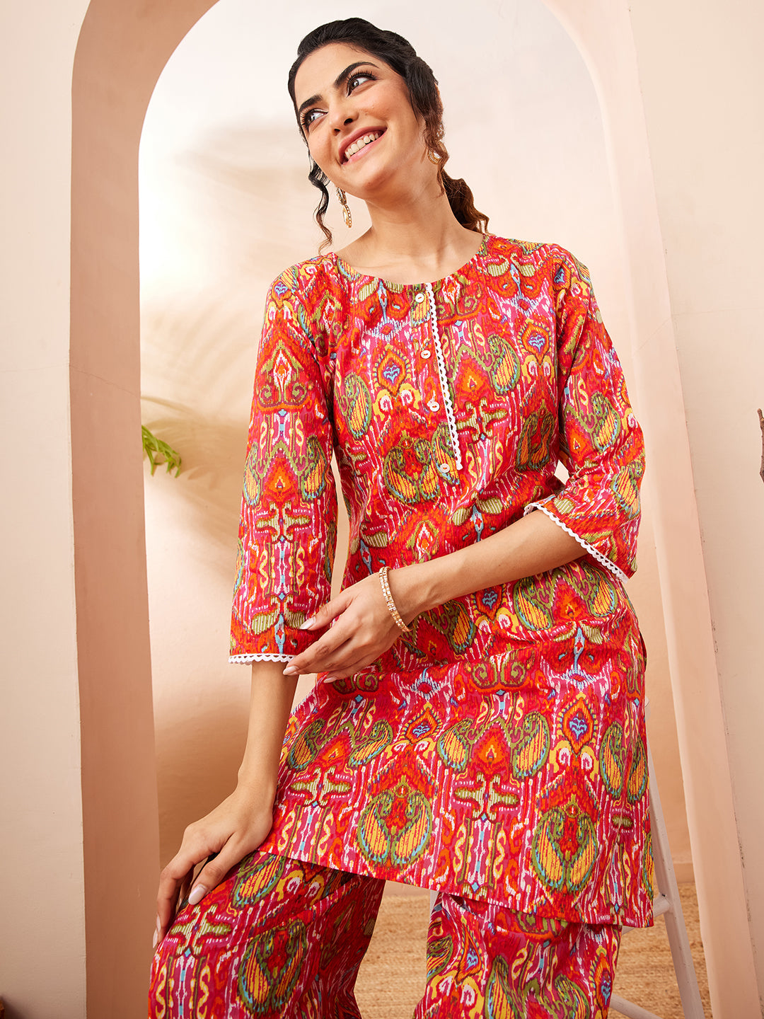 Janasya Women's Multi Pure Cotton Ikkat Printed Straight Co-ord Set