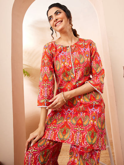 Janasya Women's Multi Pure Cotton Ikkat Printed Straight Co-ord Set