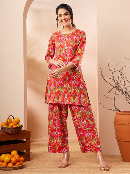 Janasya Women's Multi Pure Cotton Ikkat Printed Straight Co-ord Set