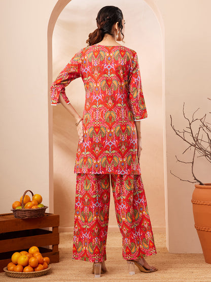 Janasya Women's Multi Pure Cotton Ikkat Printed Straight Co-ord Set