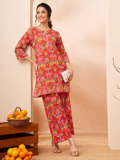 Janasya Women's Multi Pure Cotton Ikkat Printed Straight Co-ord Set
