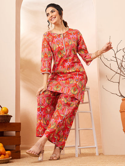 Janasya Women's Multi Pure Cotton Ikkat Printed Straight Co-ord Set