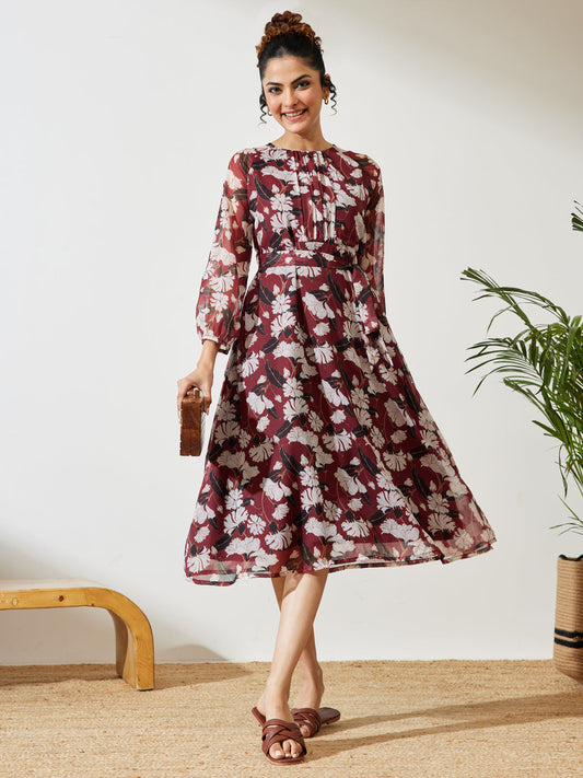 Janasya Women's Brown Chiffon Floral Printed A-line Gathered Dress
