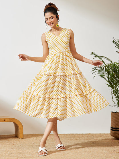 Janasya Women's Yellow Pure Cotton Floral Printed Tiered Dress