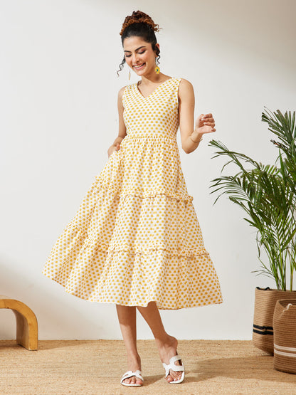 Janasya Women's Yellow Pure Cotton Floral Printed Tiered Dress