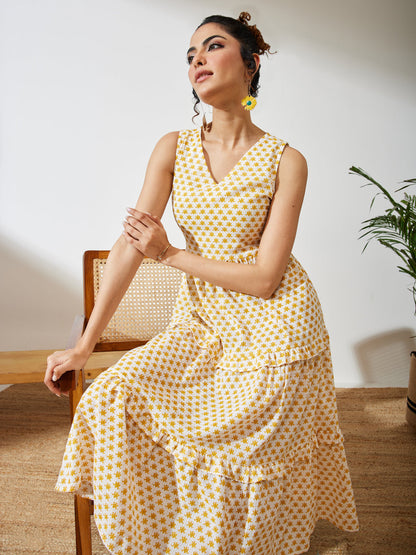 Janasya Women's Yellow Pure Cotton Floral Printed Tiered Dress