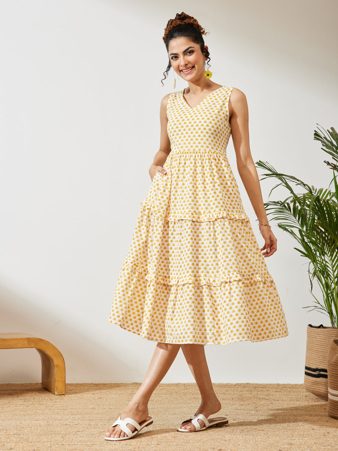 Janasya Women's Yellow Pure Cotton Floral Printed Tiered Dress